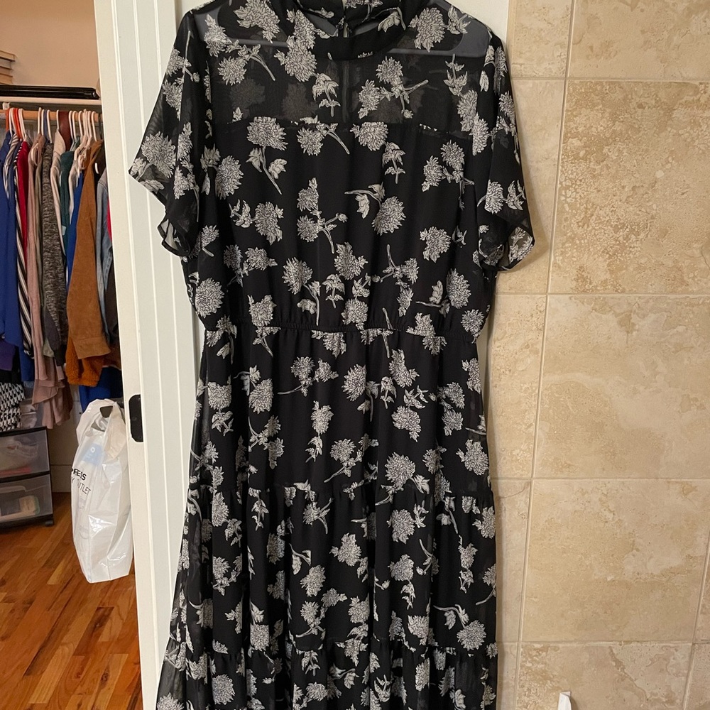 Lulus black floral high neck and mid calf length dress